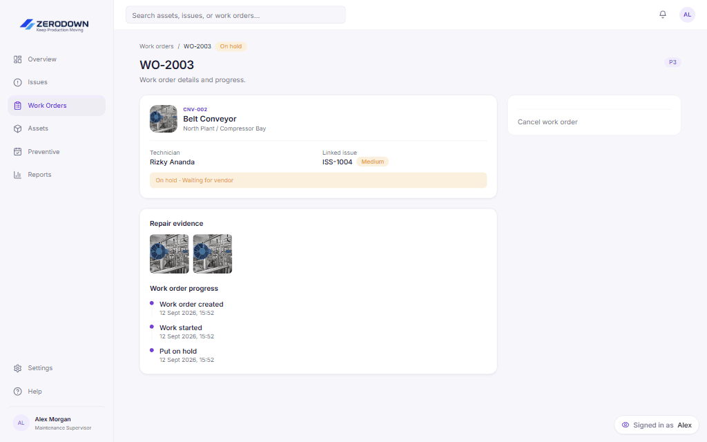 Work order WO-2003 on hold, waiting for a vendor, with its progress history.